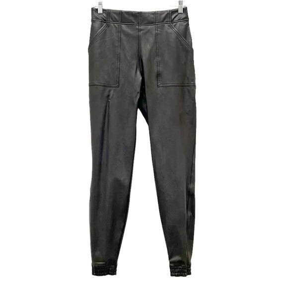 Spanx Faux Leather Jogger Pants Black High Rise Elastic Waist Vegan Size Medium - Picture 2 of 11
